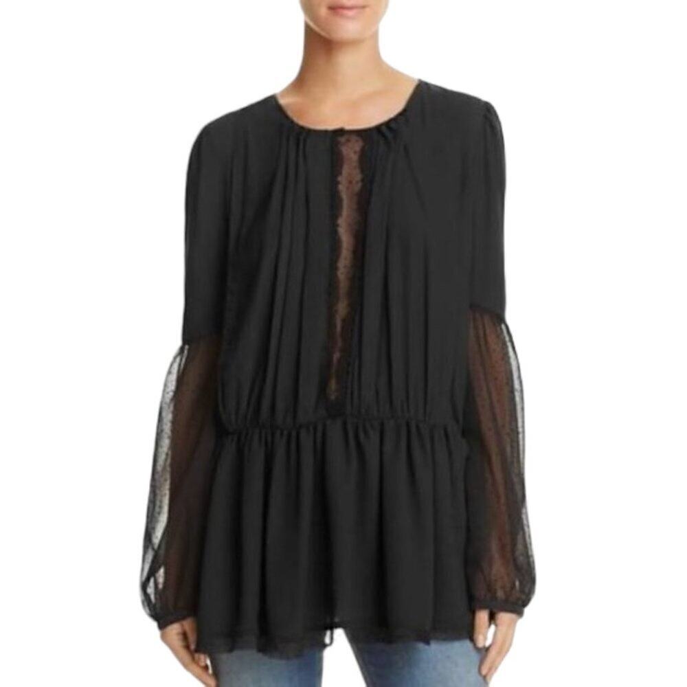 Free People Black Long Sleeve Crewneck Soul Serene Mesh Inset Blouse Size Small